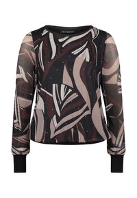 Langærmet bluse med sort baggrund og abstrakte brune og beige mønstre, pyntet med subtile palietter og teksturerede ærmer.