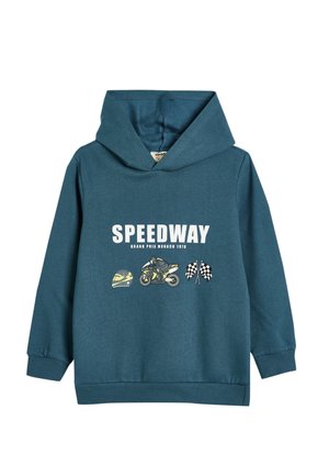 Sweat-shirt à capuche teal avec des imprimés graphiques d'une moto, d'un casque et de drapeaux à damier. Tissu doux avec des poignets et un ourlet côtelés.