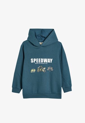 Turkusowy sweatshirt z kapturem z graficznymi nadrukami motocykla, kasku i szachownicy. Miękka tkanina z ściągaczami przy mankietach i u dołu.
