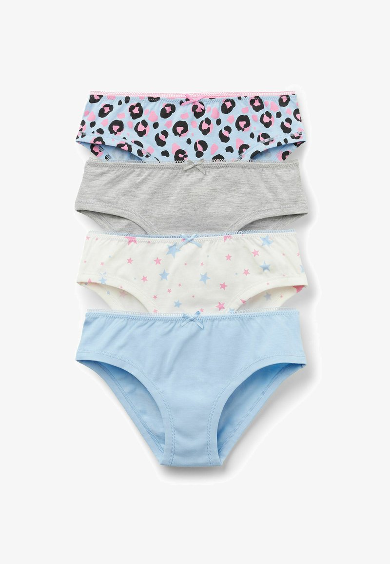 Set aus vier Damenunterhosen in verschiedenen Farben: pinkes Leopardenmuster, grau, weiß mit pinken und blauen Sternen und einfarbig hellblau. Aus weichem Baumwollmaterial.