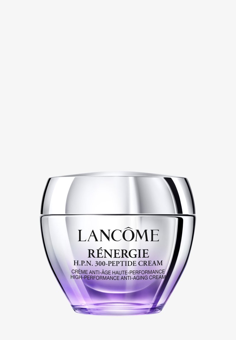 Lancôme Rénérgie H.P.N. 300-peptidkrem i en rund glasskrukke med lokk i sølv, med en lavendelfarget gradient ved bunnen og svart tekst.