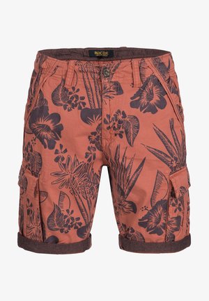 Șorturi cargo în nuanța teracotei cu un model floral închis, prezentând buzunare laterale și manșete răsucite. Fabricate dintr-un material ușor pentru confort.