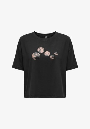 Czarny t-shirt bawełniany o luźnym kroju z grafiką składającą się z okrągłych wzorów w różnych rozmiarach w odcieniach różowego i czarnego na przodzie.