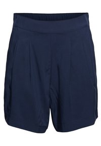 Shorts bleu foncé à taille haute avec plis et large ceinture, en tissu léger et lisse.