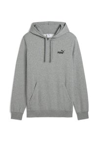 Grauer Hoodie aus weichem Stoff mit einer vorderen Kängurutasche, Kapuze mit Kordelzug und kleinem schwarzen Puma-Logo auf der Brust.