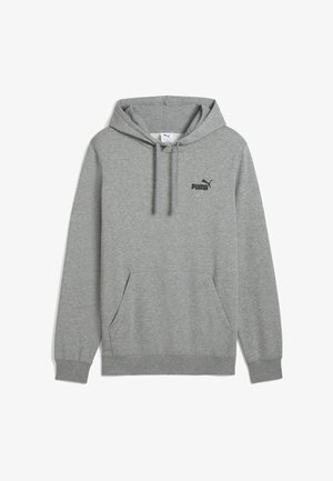 Um hoodie cinza feito de tecido macio, com um bolso frontal tipo bolso, capuz com cordão e um pequeno logo preto da Puma no peito.