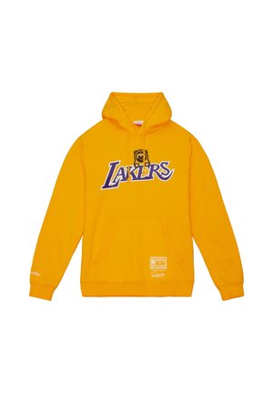 Felpa con cappuccio gialla con scritta viola "Lakers" e piccolo volto di orso sopra la scritta, tasca frontale a marsupio e toppa con logo vicino all'orlo.