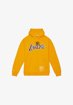 Sweat à capuche jaune avec texte violet "Lakers" et petit visage d'ours au-dessus du texte, poche kangourou devant et écusson logo près de l'ourlet.