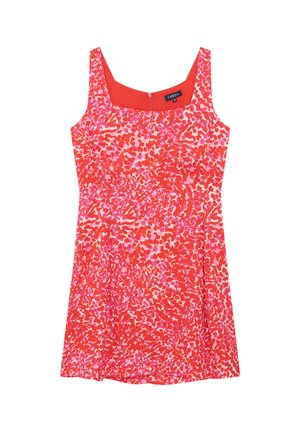 Ärmelloses, rot-rosa gemustertes Kleid mit quadratischem Ausschnitt und Reißverschluss hinten, knielang, tailliert.