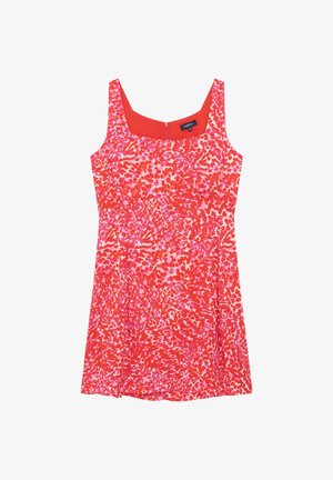 Ärmelloses, rot-rosa gemustertes Kleid mit quadratischem Ausschnitt und Reißverschluss hinten, knielang, tailliert.