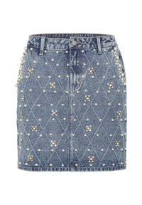 Denim skirt in light blue with pearl and rhinestone embellishments. Features quilted diamond pattern and classic five-pocket design.