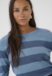 Blauw gestreepte trui met ronde halslijn, met verschillende tinten blauw en een textuurgebreide ontwerp. Toont lang bruin haar met natuurlijke highlights.