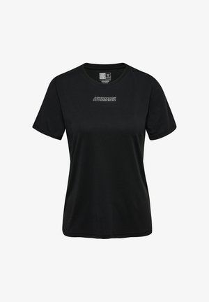 Sort trænings-T-shirt med korte ærmer lavet af letvægtsstof, med rund halsudskæring og et kontrasterende hvidt "HUMMEL"-logo på forsiden.