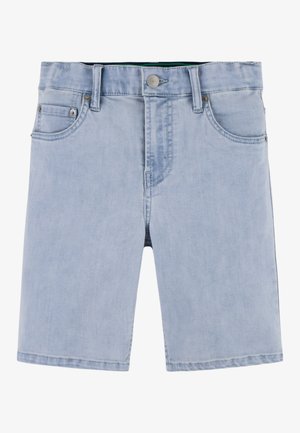 Hellblaue Jeansshorts mit lockerem Schnitt, fünf Taschen, Knopfverschluss vorne und Stickdetails. Glatte Textur.