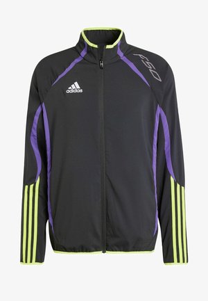 Schwarze Sportjacke mit lila und neon-grünen Akzenten, Reißverschlussfront, hohem Kragen und dreistreifigem Design an den Ärmeln. Leichter Stoff.