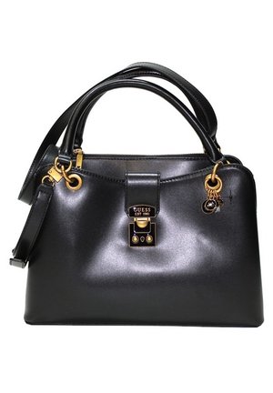 Schwarze Guess-Handtasche aus Leder mit goldfarbenen Beschlägen, oberen Griffen, einem abnehmbaren Schulterriemen und einem vorderen Verschluss mit Schnappschloss.