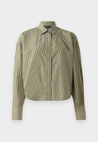 Olive-green long-sleeve shirt with white vertical stripes, featuring a buttoned front, a classic collar, and a slightly cropped hem.