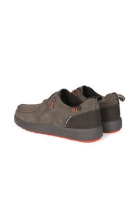 Brown suede shoes with a dark rubber sole, featuring orange accents and laces, and a rounded toe design. Lightweight and casual style.