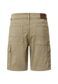 Khaki cargo šortky vyrobené z odolnej látky. Obsahujú zadné vrecká, bočné vrecká a kožený štítok na páse.