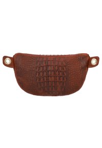 Borsa in finta pelle di coccodrillo marrone con una superficie testurizzata, forma curvata e occhielli metallici sui lati, dotata di chiusura con zip.