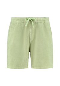Shorts en velours côtelé vert avec une taille à cordon de serrage, texture côtelée et poches latérales. Conçus pour un effet décontracté.