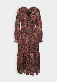 Dlouhé šaty s květinovým vzorem v černé, červené a zelené barvě, s výstřihem do V, dlouhými rukávy, elastickým pasem a volánkovým lemem.