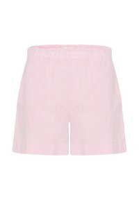 Pink linen shorts with an elastic waistband, featuring a loose fit and simple design, are unadorned with pockets or additional details.