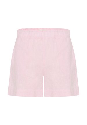 Shorts en lin rose avec une taille élastique, présentant une coupe décontractée et un design simple, sont dépourvus de poches ou de détails supplémentaires.