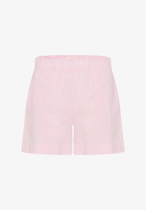 Shorts en lin rose avec une taille élastique, présentant une coupe décontractée et un design simple, sont dépourvus de poches ou de détails supplémentaires.