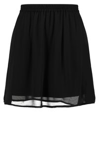Gonna nera realizzata in tessuto leggero, caratterizzata da una vita elastica, un design svasato e dettagli a strati in trasparenza vicino all'orlo.