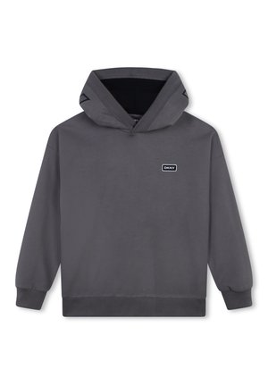 Hoodie gris en tissu doux, avec une grande capuche, des poignets côtelés et un petit patch logo noir sur la poitrine. Ourlet élastique.
