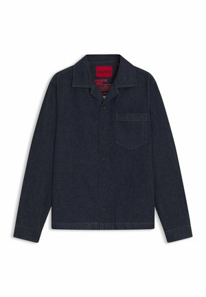 Dark denim jacket featuring a collared neck, front button closure, one chest pocket, and subtle stitching details. Inside label is red.
