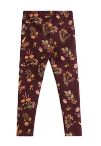 Bordeaux leggings med et blomsterdesign bestående af orange, pink og grønne blomster og blade. Blødt stof med en strækbar talje.