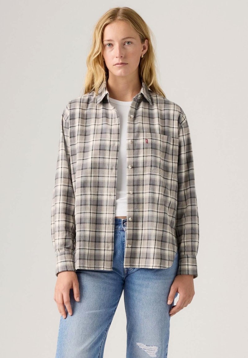 Camicia a flanella a quadri nei toni grigi e crema, con chiusura a bottoni, maniche lunghe e taschino sul petto. Indossata sopra un top bianco e jeans.