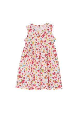 Sleeveless white toddler dress with colorful red, orange, yellow, and blue floral print, gathered waist, and round neckline.