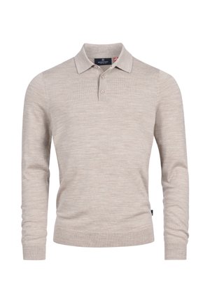 Beige Langarmpullover mit Kragen, der ein strukturiertes Strickmuster und zwei Knöpfe an der Knopfleiste aufweist. Minimalistisches Branding-Detail.