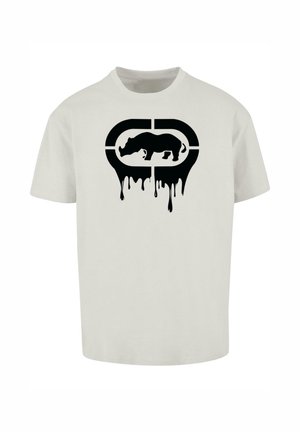 White cotton t-shirt featuring a black graphic design of a rhinoceros inside a heart shape with drips at the bottom.