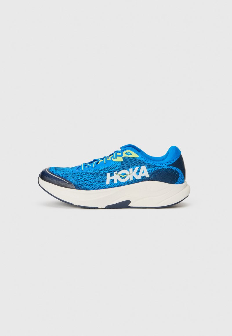 Blue athletic shoe with a breathable mesh upper, reinforced toe cap, and cushioned foam sole. Features bold white logo and vibrant accents.