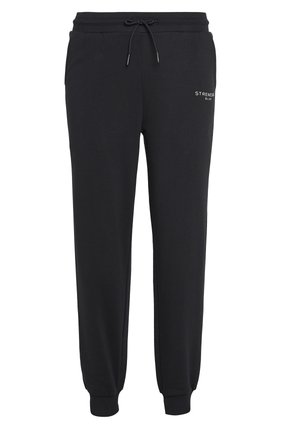 Pantalon de survêtement noir en tissu doux, doté d'une taille élastique avec un cordon de serrage, de chevilles resserrées et d'un logo blanc imprimé à l'avant.