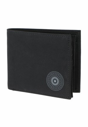 Black bifold wallet with stitched edges and a small circular dotted pattern in the lower right corner on the front side.