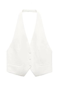 Vit ärmlös väst med tre knappslå fram, två fickor nedtill och en halterneck-design.