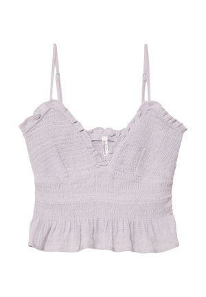 Levanduľový krátky top s nastaviteľnými špagetovými ramienkami, s naberanou textúrou, volánikmi a peplum lemovaním.