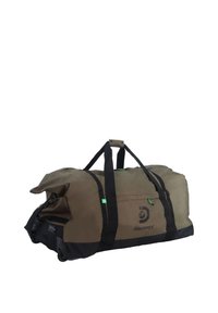 Green and black duffel bag made from durable fabric. Features rolled handles, wheels for easy transport, and a zippered closure.