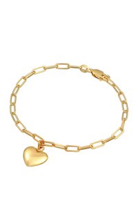 Goldarmband mit länglichen Papierclip-Gliedern und einem polierten Herzanhänger, gesichert mit einem Karabinerverschluss.