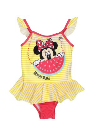 Yellow striped one-piece swimsuit with ruffled sleeves, featuring a Minnie Mouse graphic holding a watermelon; red accents and flared skirt.