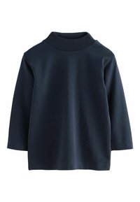 Navy Langarmoberteil mit hohem Kragen, aus weichem Stoff. Verfügt über eine glatte Textur und eine taillierte Silhouette mit geraden Ärmeln.