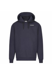 Felpa blu navy con cappuccio regolabile, maniche lunghe, polsini e orlo a coste. Presenta un piccolo logo bianco sul petto. Materiale morbido.