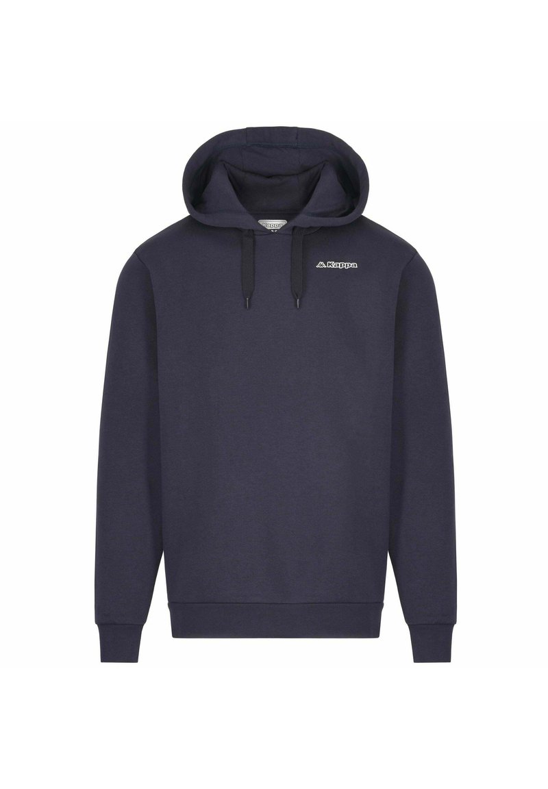 Felpa blu navy con cappuccio regolabile, maniche lunghe, polsini e orlo a coste. Presenta un piccolo logo bianco sul petto. Materiale morbido.