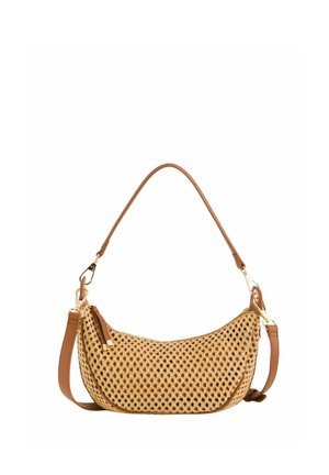 Tkana kremowa torebka z brązowym skórzanym paskiem i złotymi elementami, wyposażona w zamknięcie na zamek błyskawiczny i mały wiszący frędzel.