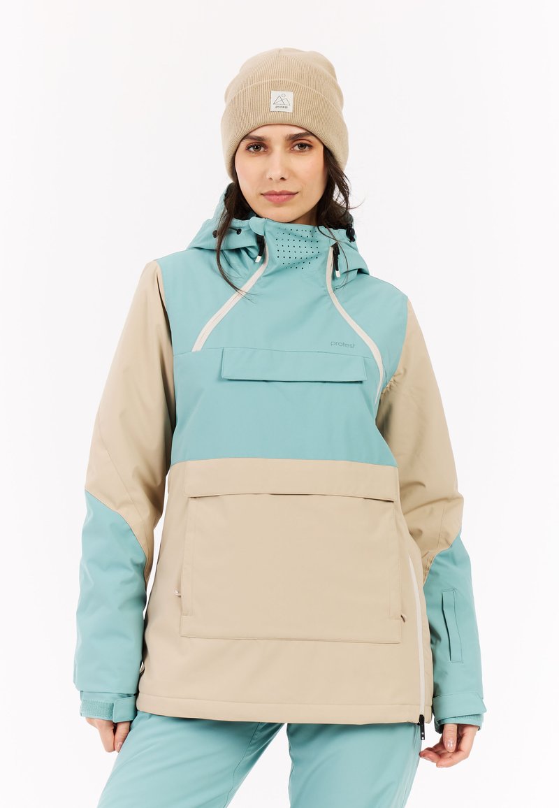 Leichte, kapuzenjacke in Aqua-Blau und Beige. Verfügt über eine Fronttasche, verstellbare Kordeln und strukturierte Einsätze am Kragen.